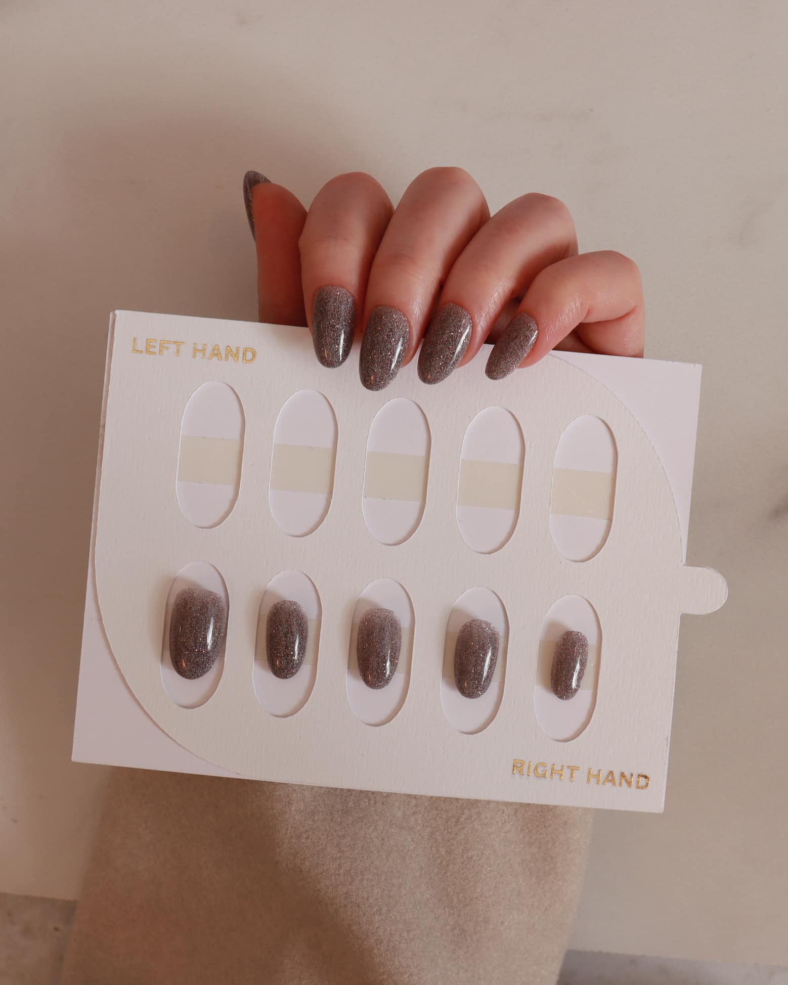 Soft taupe glitter nails by Inglass nails 